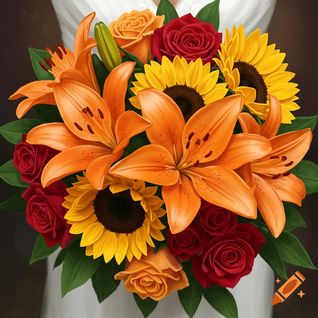 A vibrant bouquet featuring orange lilies, yellow sunflowers, and red roses, in a detailed illustration style.
