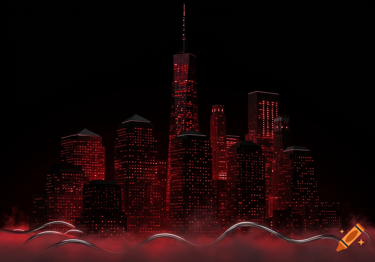 A dark graphic cityscape with buildings featuring glowing red windows and red mist at the base.