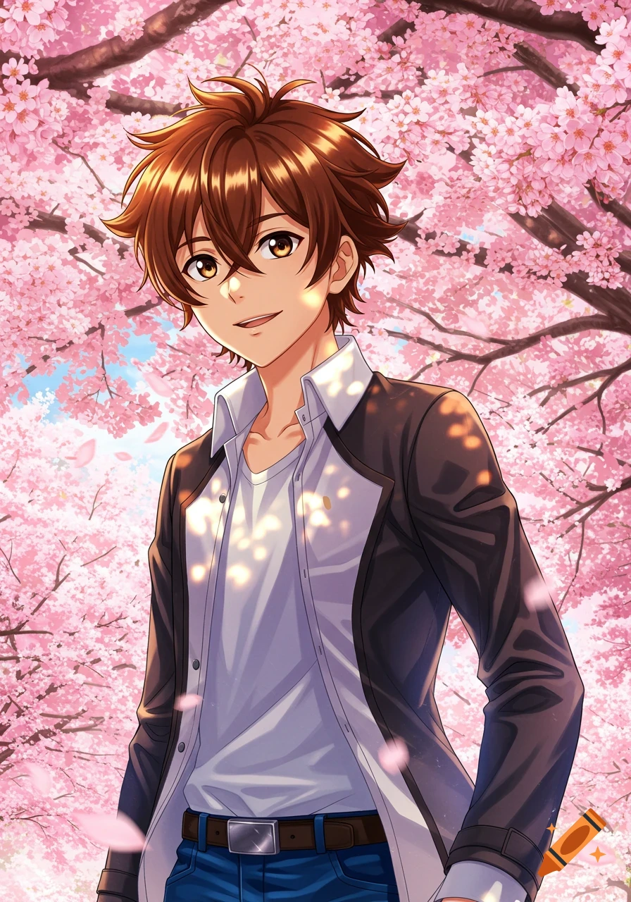 Anime-style portrait of a brown-haired guy with brown eyes smiling in front of pink cherry blossoms.