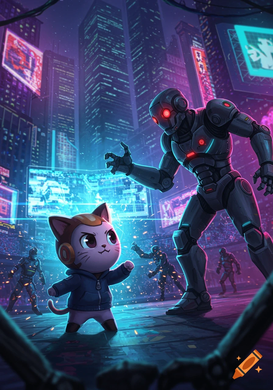 A cute cartoon cat in a hoodie faces a large robot in a neon cyberpunk city, with other robots in the background.