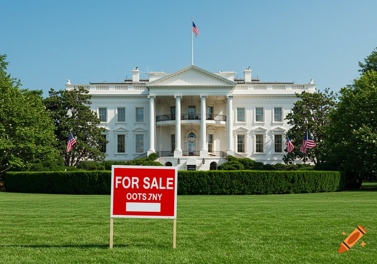 Photorealistic image of the White House with a red 'FOR SALE' sign on its front lawn.