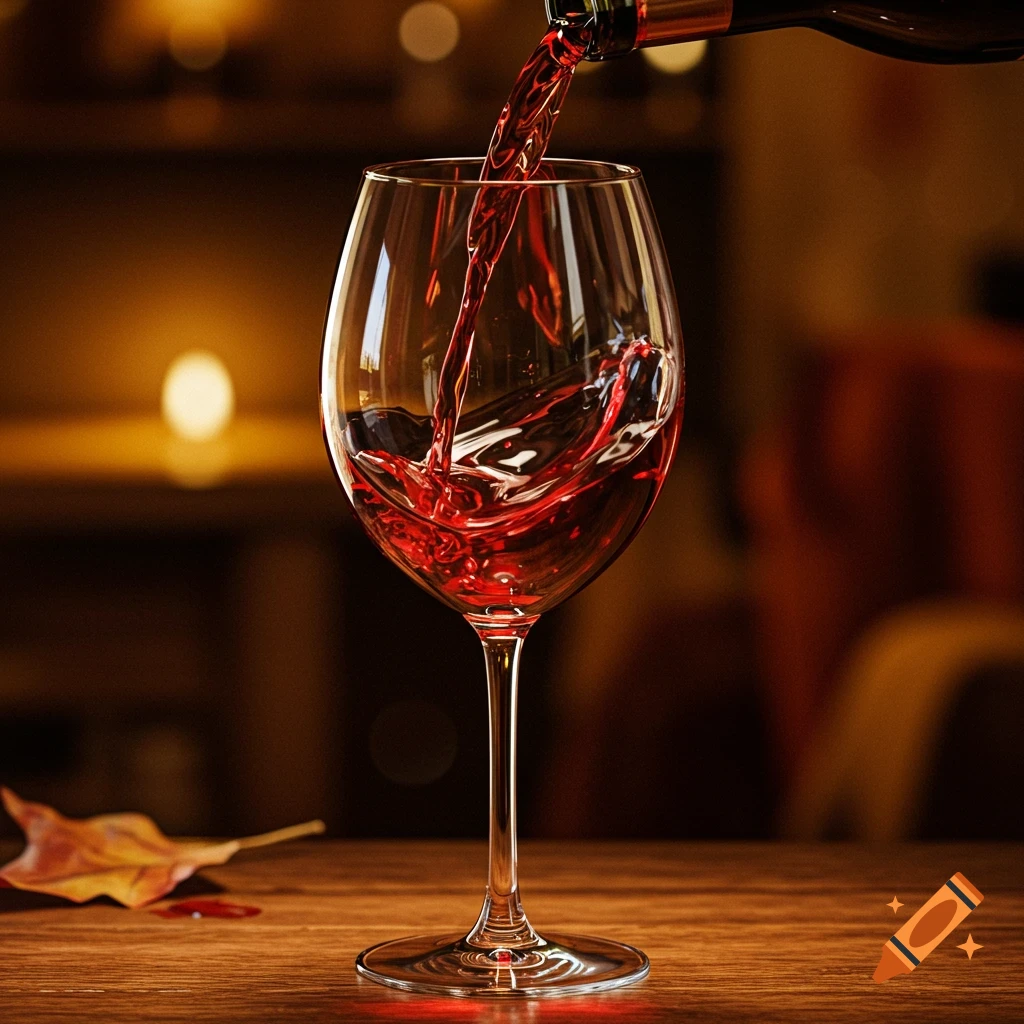 Photorealistic image of red wine being poured into a wine glass on a wooden table, with a fall leaf nearby.