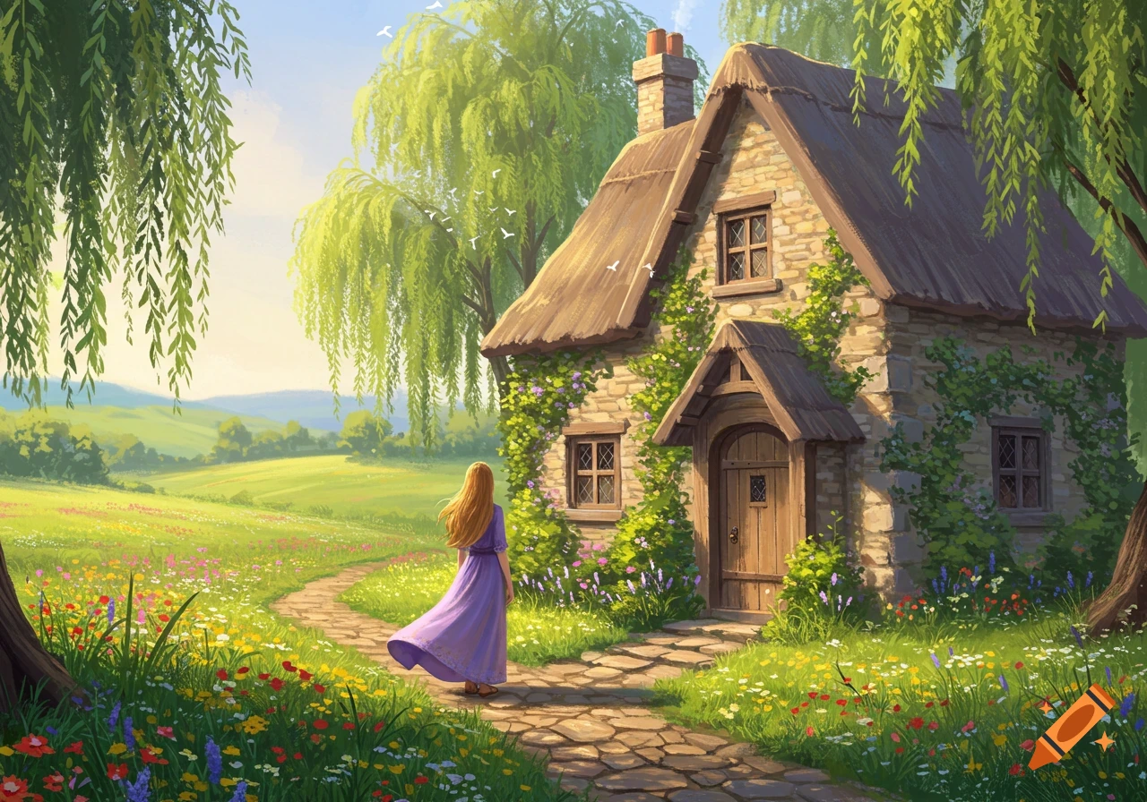 An illustrated woman in a purple dress walks towards a charming stone cottage with a thatched roof in a vibrant meadow.