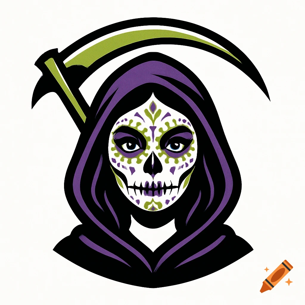 Logo of a girl grim reaper with sugar skull makeup and a scythe, in purple, lime green, white, and black.