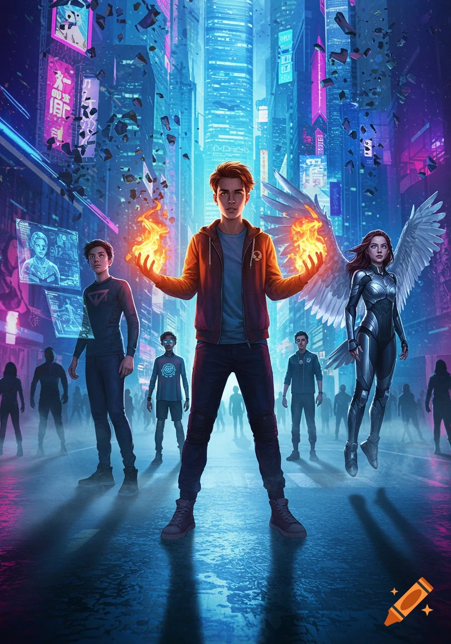 A group of teenagers with powers stands in a neon-lit futuristic city. The central boy holds fire, and a girl next to him has large white wings.