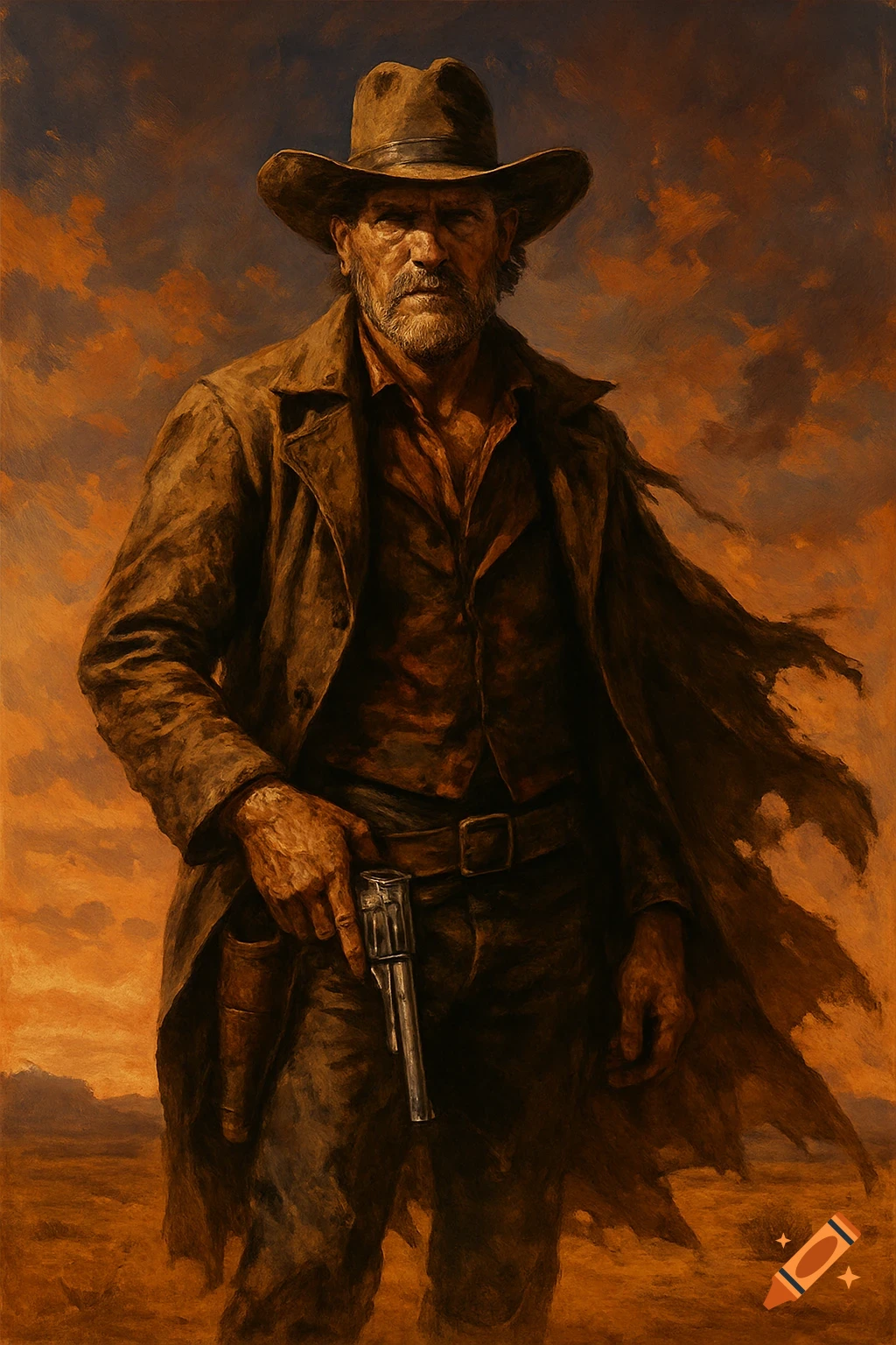 A painting of a rugged cowboy in a hat and duster coat, holding a revolver, against a dramatic orange sky.