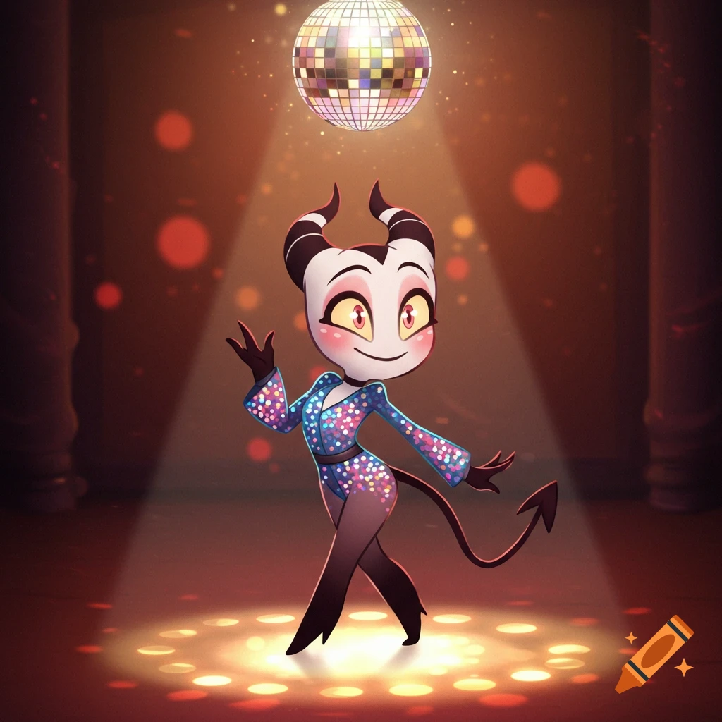 A cartoon imp character with black and white horns, in a sparkly blue and pink disco jumpsuit, dancing under a disco ball and spotlights.