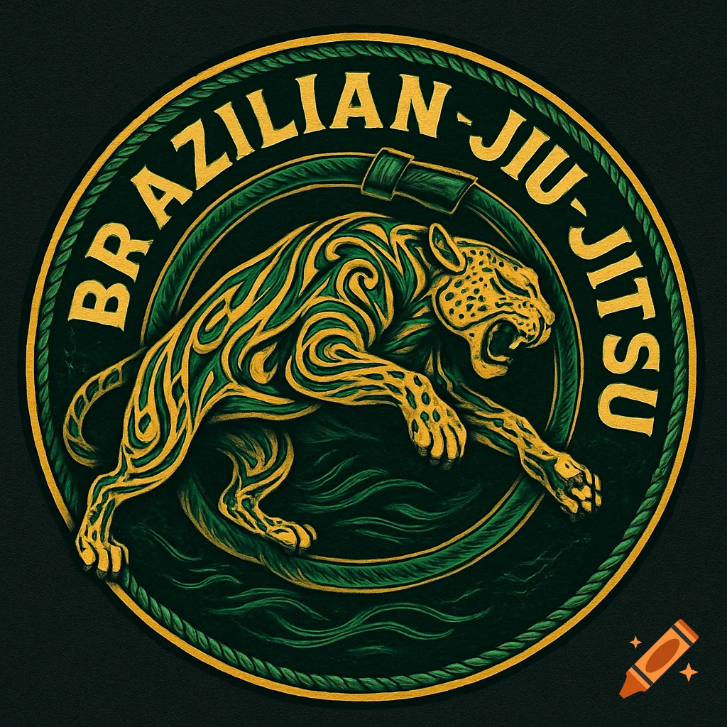 A circular green and gold insignia featuring a stylized roaring jaguar with 'BRAZILIAN-JIU-JITSU' text around the top.