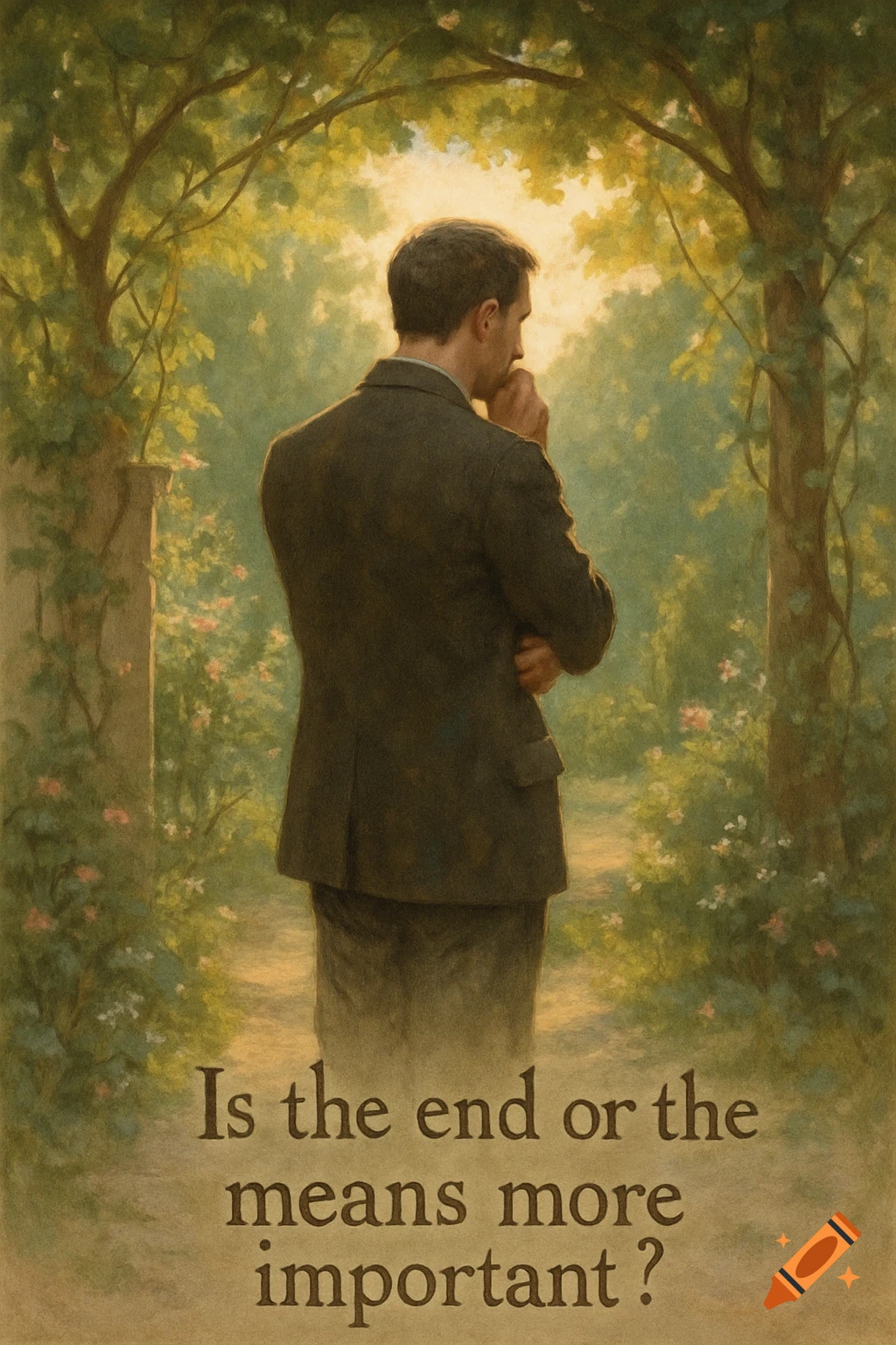 A man in a suit stands in a sunlit garden, pondering, with text 'Is the end or the means more important?' below. Painterly style.