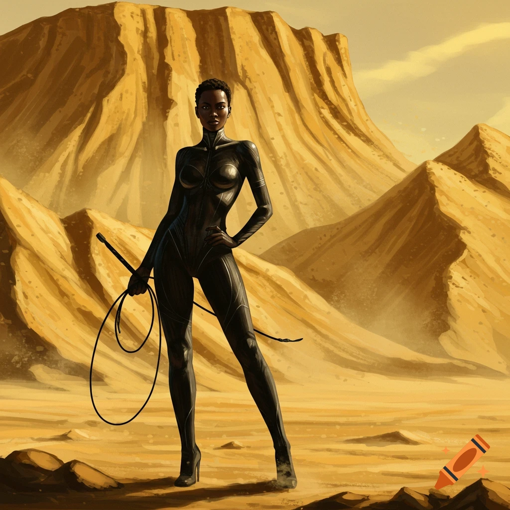 An illustration of a woman in a black sleek outfit holding a whip in a desert landscape with large sand dunes.