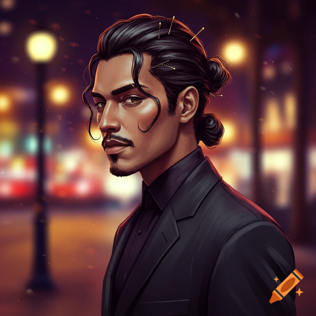 Stylized illustration of a man with dark hair in an upswept bun and side curls, wearing a black suit against blurry city lights at night.