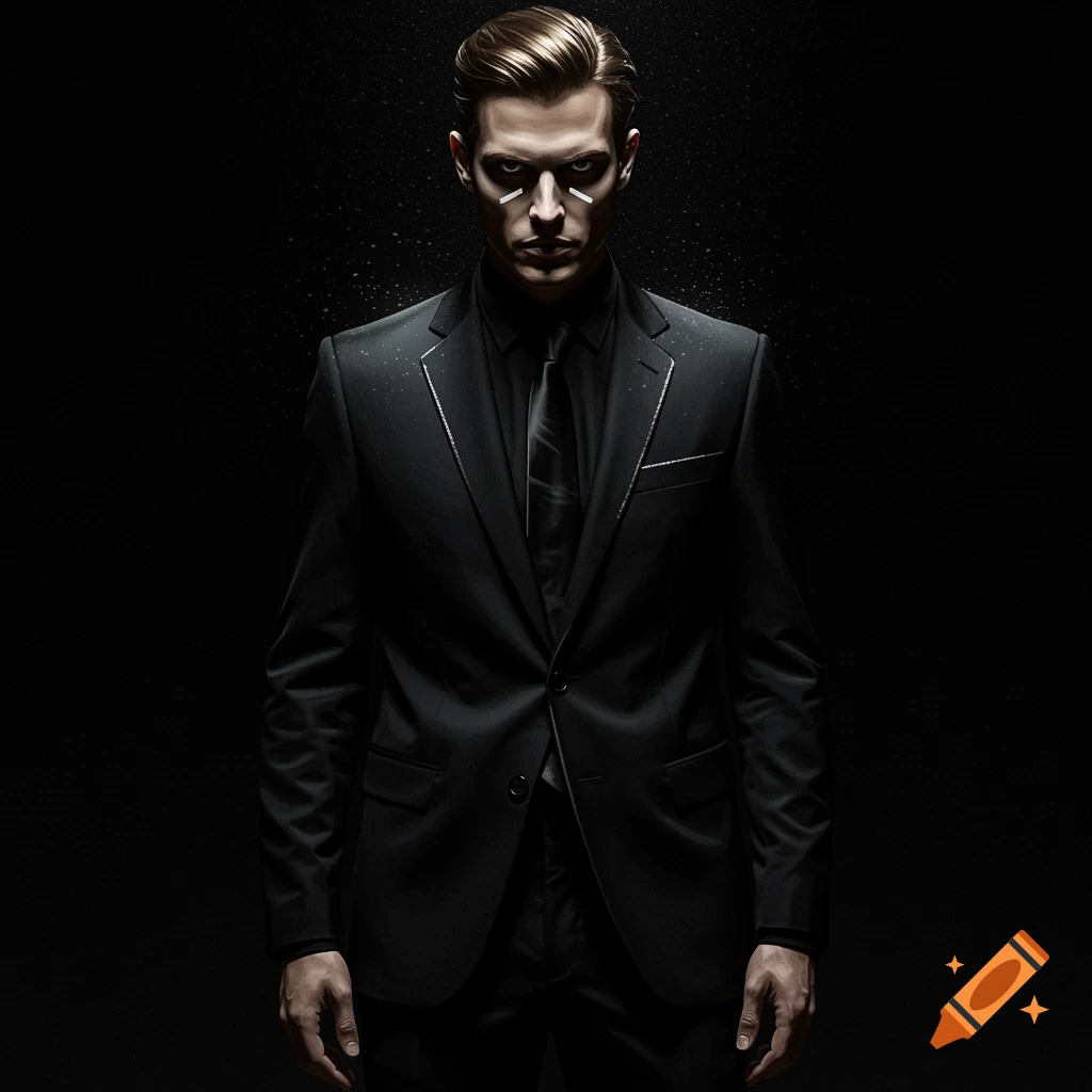 A man in a black suit with white eye markings stares intensely from a dark, speckled background.