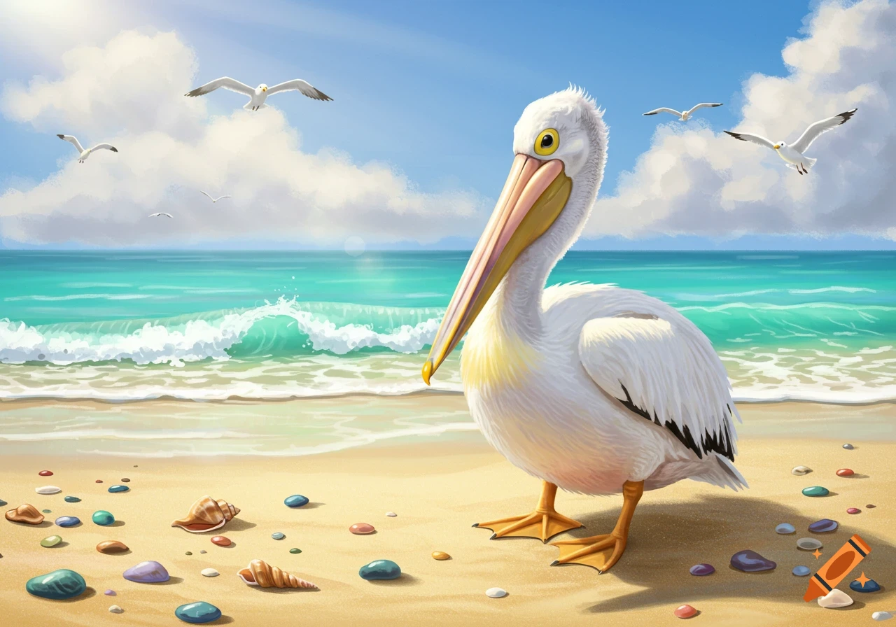 A white pelican stands on a sunny sandy beach with blue ocean waves and seagulls flying overhead in a clear sky.