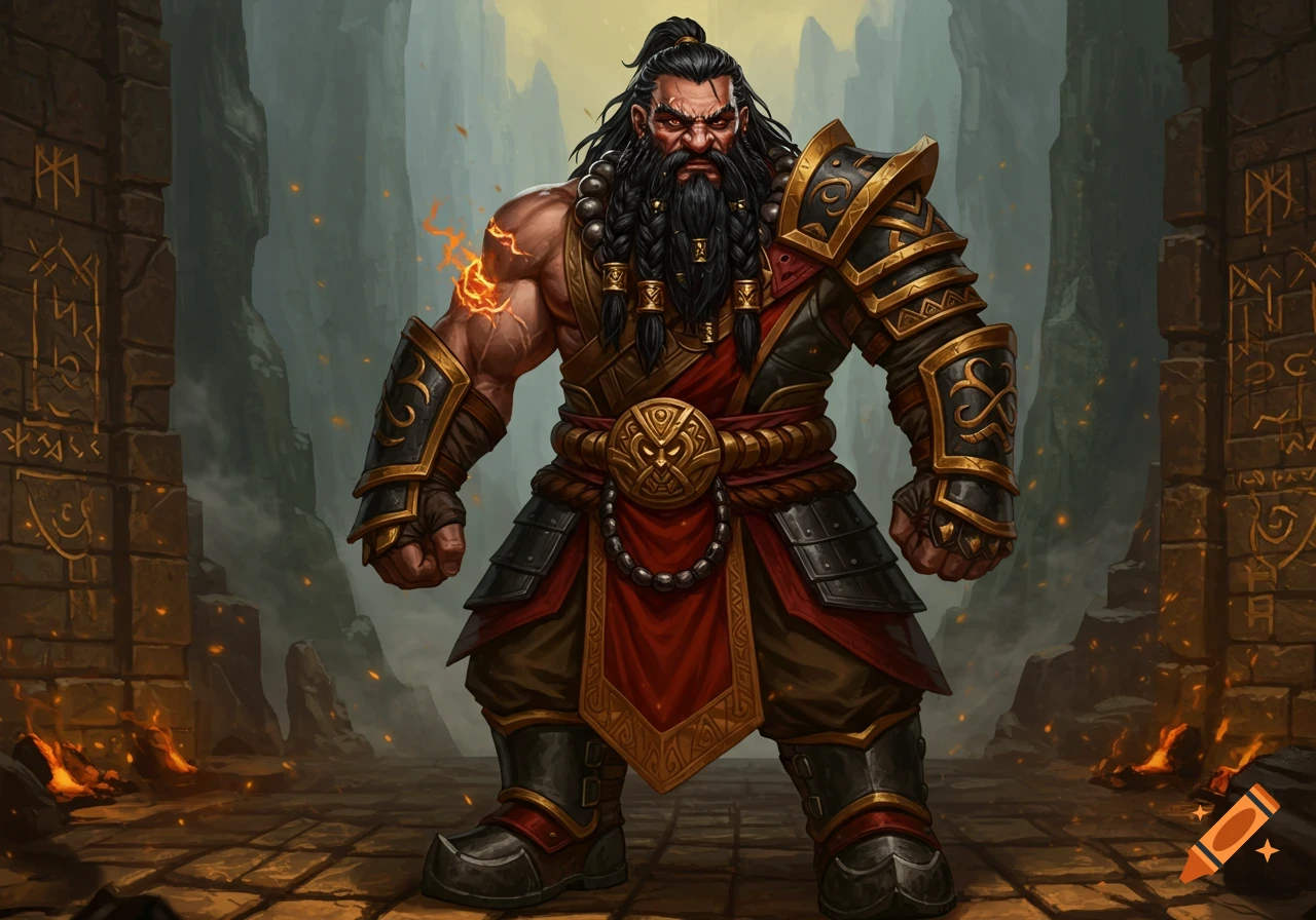 A powerful dwarf monk with a braided beard and fiery rune on his arm, wearing red and black armor with gold highlights, stands in a stone corridor.
