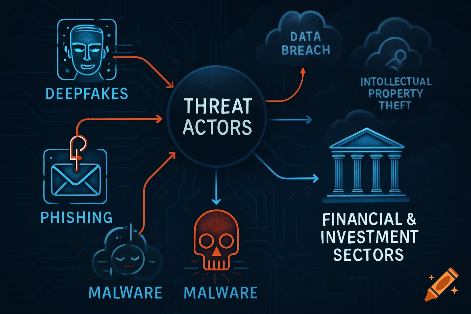 A dark blue network diagram illustrating "Threat Actors" at the center, connected to concepts like deepfakes, phishing, and malware, and outcomes such as data breach and intellectual property theft, all impacting financial and investment sectors.