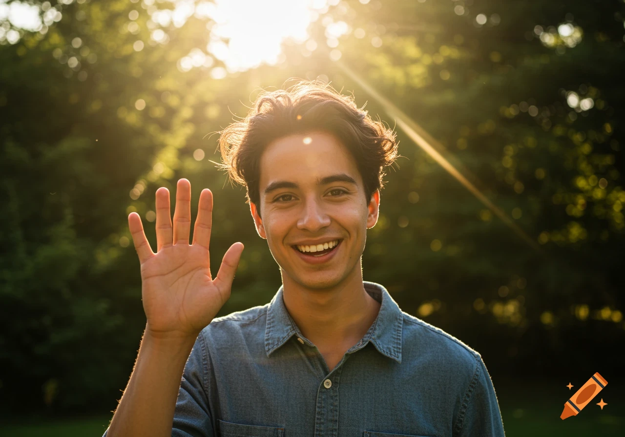 A smiling young man with dark hair waves at the camera, backlit by the sun in a green outdoor setting.
