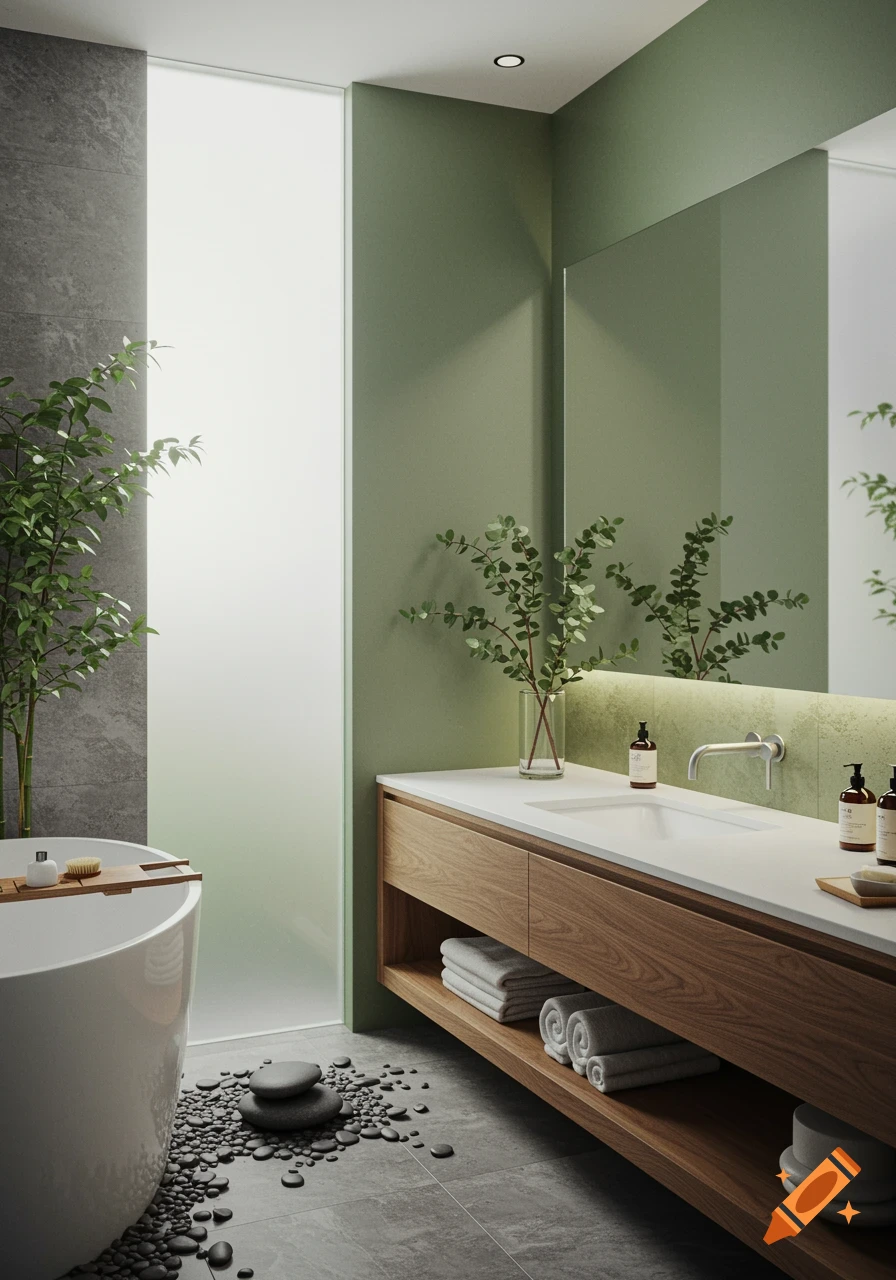 Photorealistic Japandi-style bathroom with a white tub, wooden vanity, green walls, and plants.
