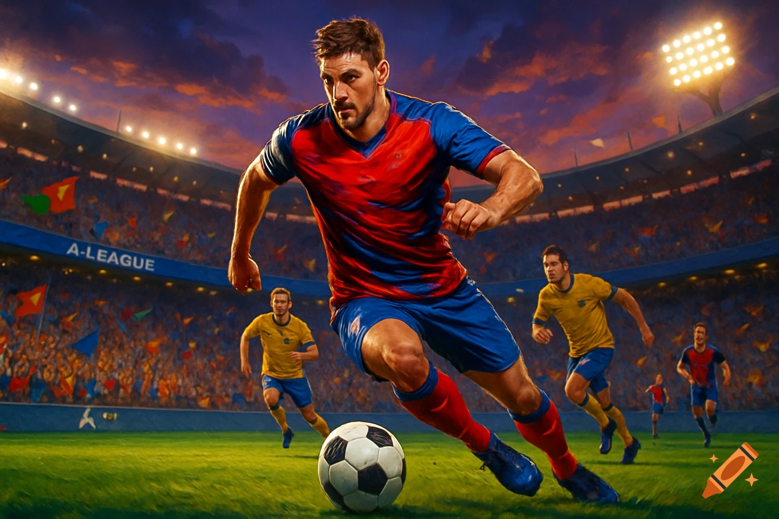 A determined male soccer player in red and blue uniform dribbles a soccer ball on a green field in a stadium, with other players and a crowd in the background at sunset.