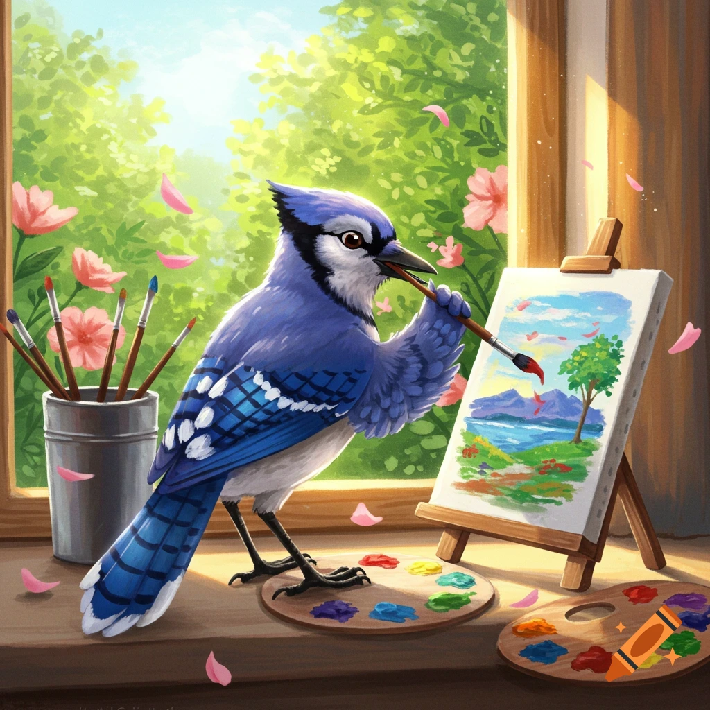 A cute blue jay painting a landscape on an easel by a window, with paintbrushes and palettes.