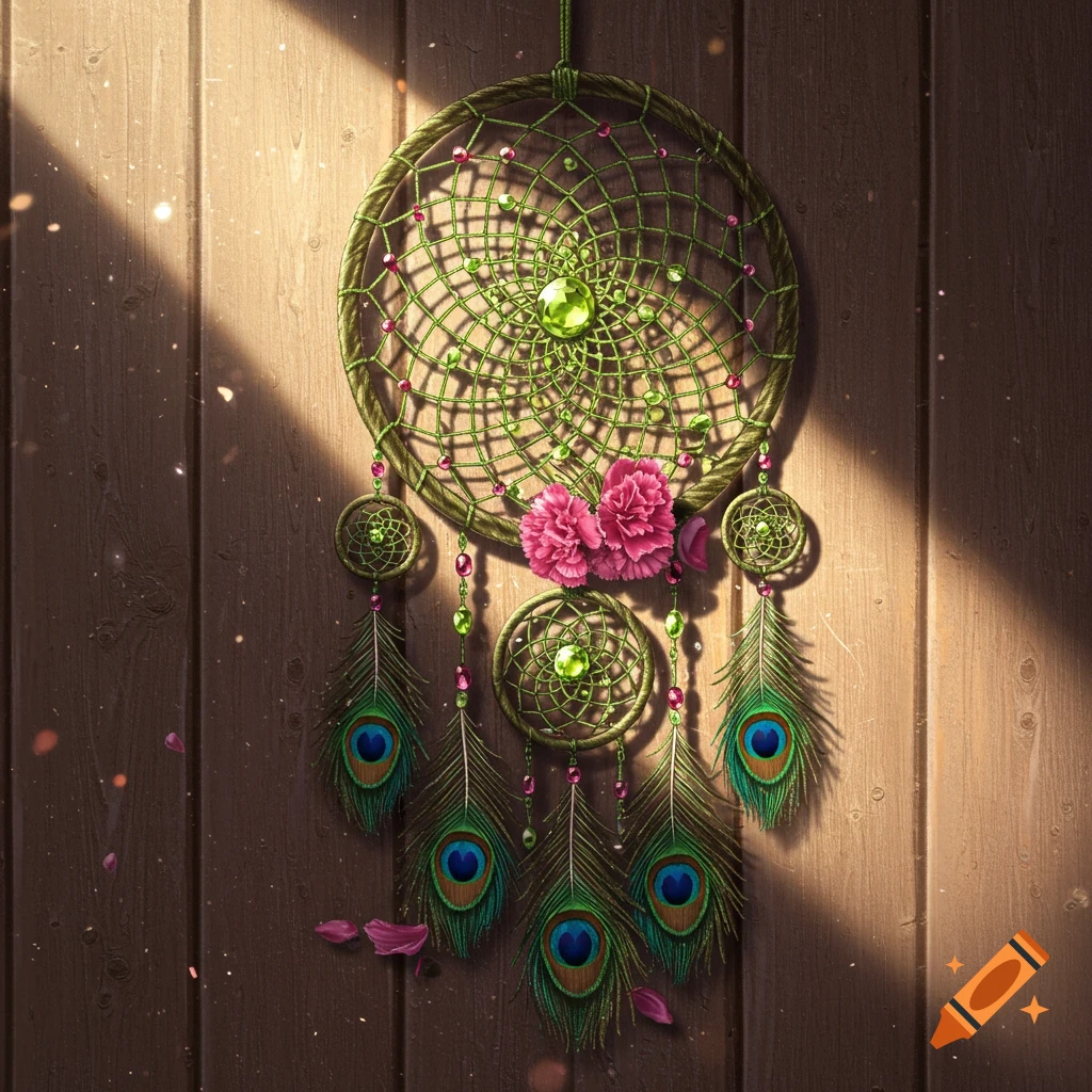 A green dreamcatcher adorned with pink carnations, green beads, and peacock feathers hangs against a sunlit wooden wall.