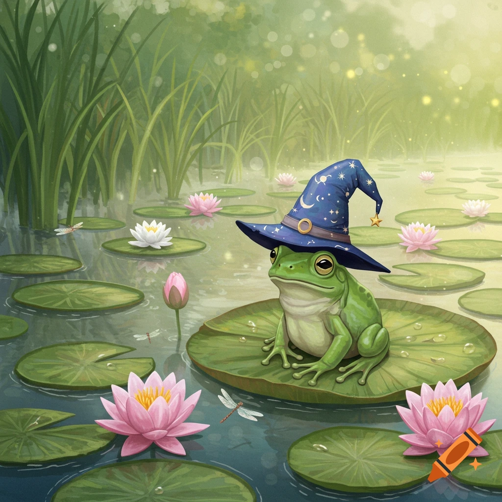 A green frog wearing a blue wizard hat with stars and moons sits on a lily pad in a pond with pink and white lotus flowers.