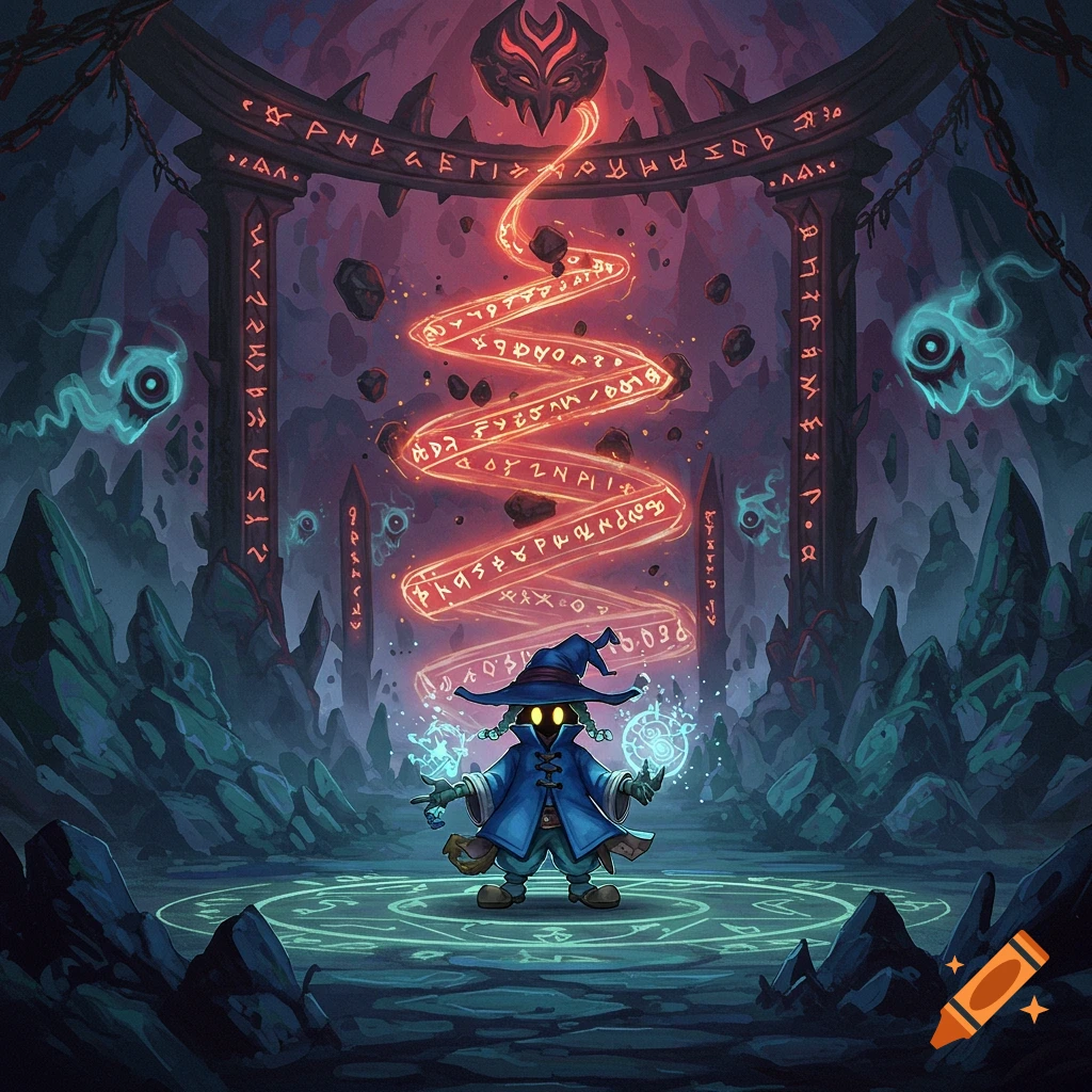 A stylized illustration of Vivi from Final Fantasy, a small character in a blue robe and pointy hat, casting a glowing red spiral spell with mystical runes in a dark, cave-like "malevolent shrine" setting.