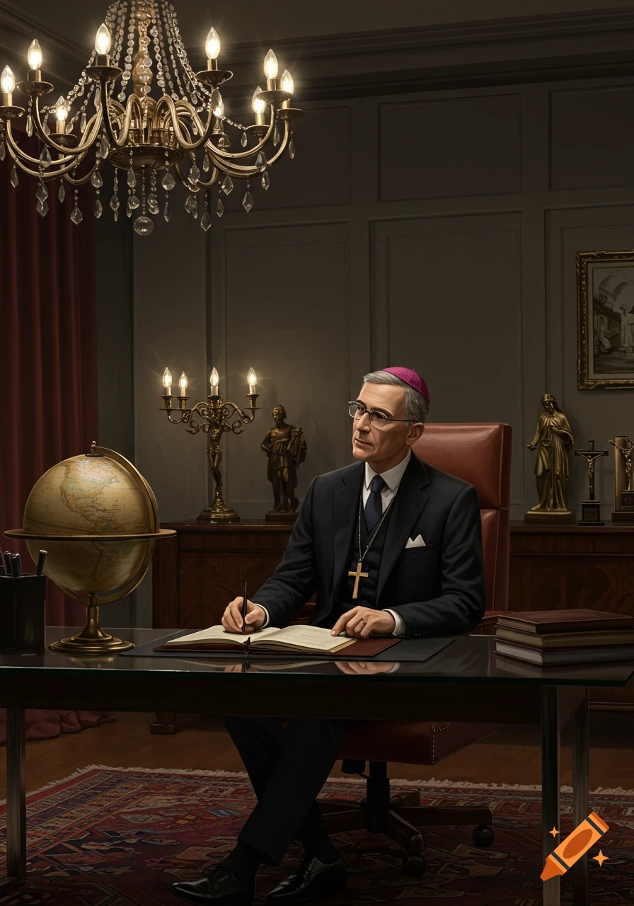 Photorealistic portrait of a man in a suit and purple clerical skullcap, writing at a desk with a globe and religious figures.