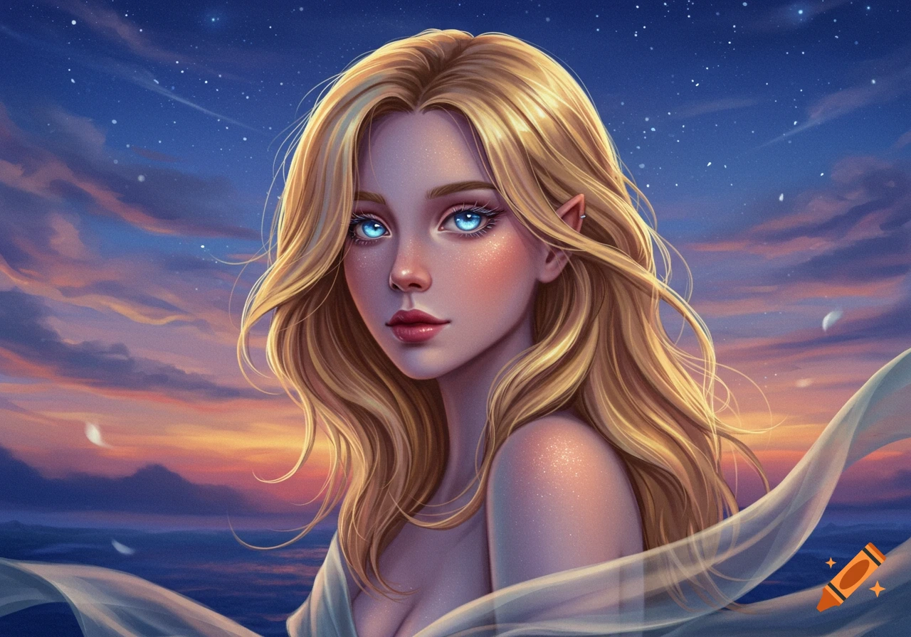 A fantasy portrait of a woman with long blonde hair, bright blue eyes, and pointed ears, set against a sunset and starry night sky.
