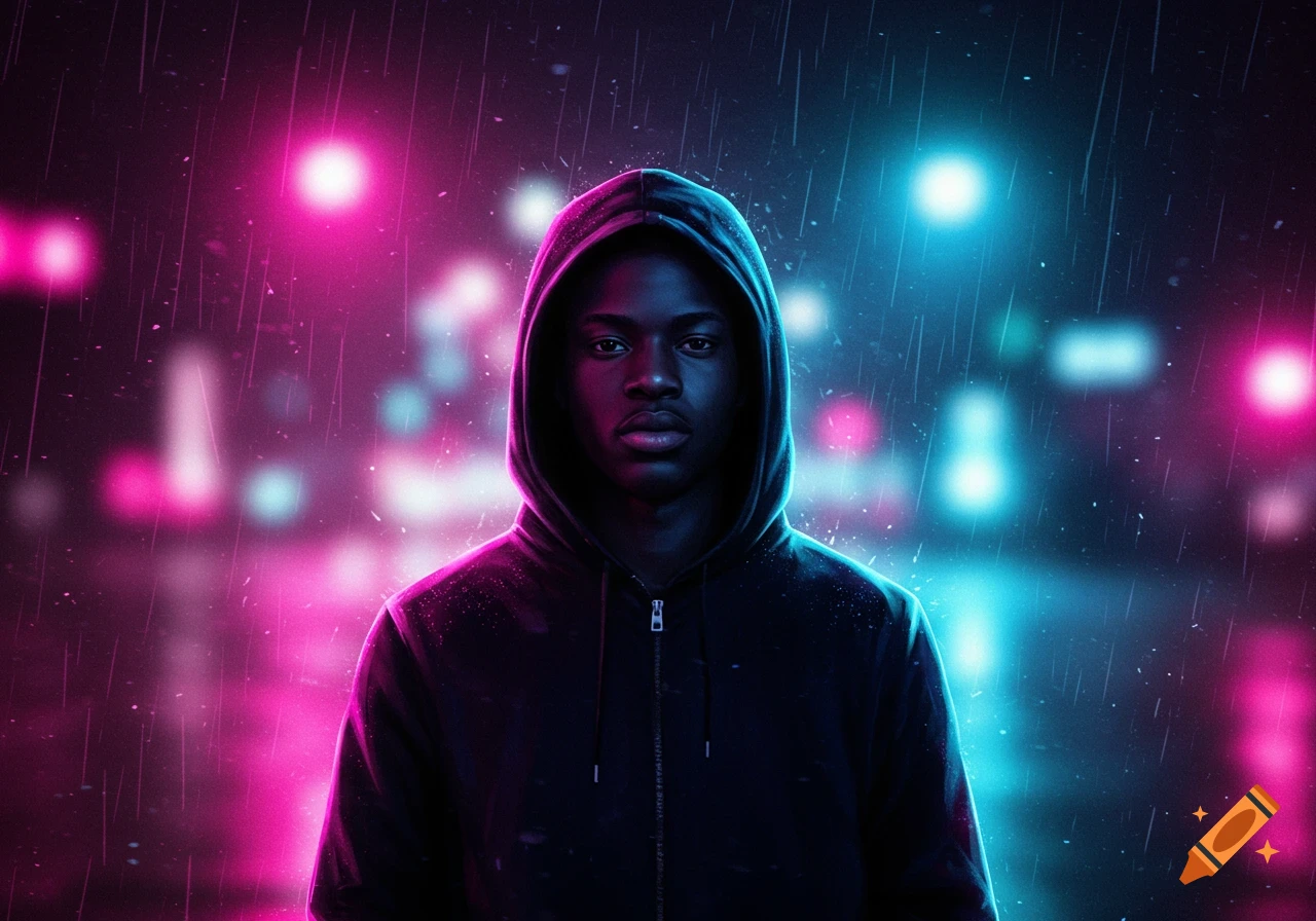 A young Black man in a dark hoodie stands under neon pink and blue lights in the rain.