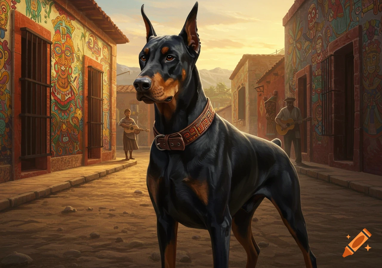 A powerful Doberman dog stands on a dirt road in a colorful Mexican town at sunset, with murals on buildings and people playing guitars.