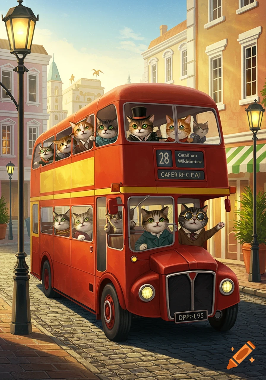 A whimsical illustration of anthropomorphic cats riding a red double-decker bus down a sunny city street.