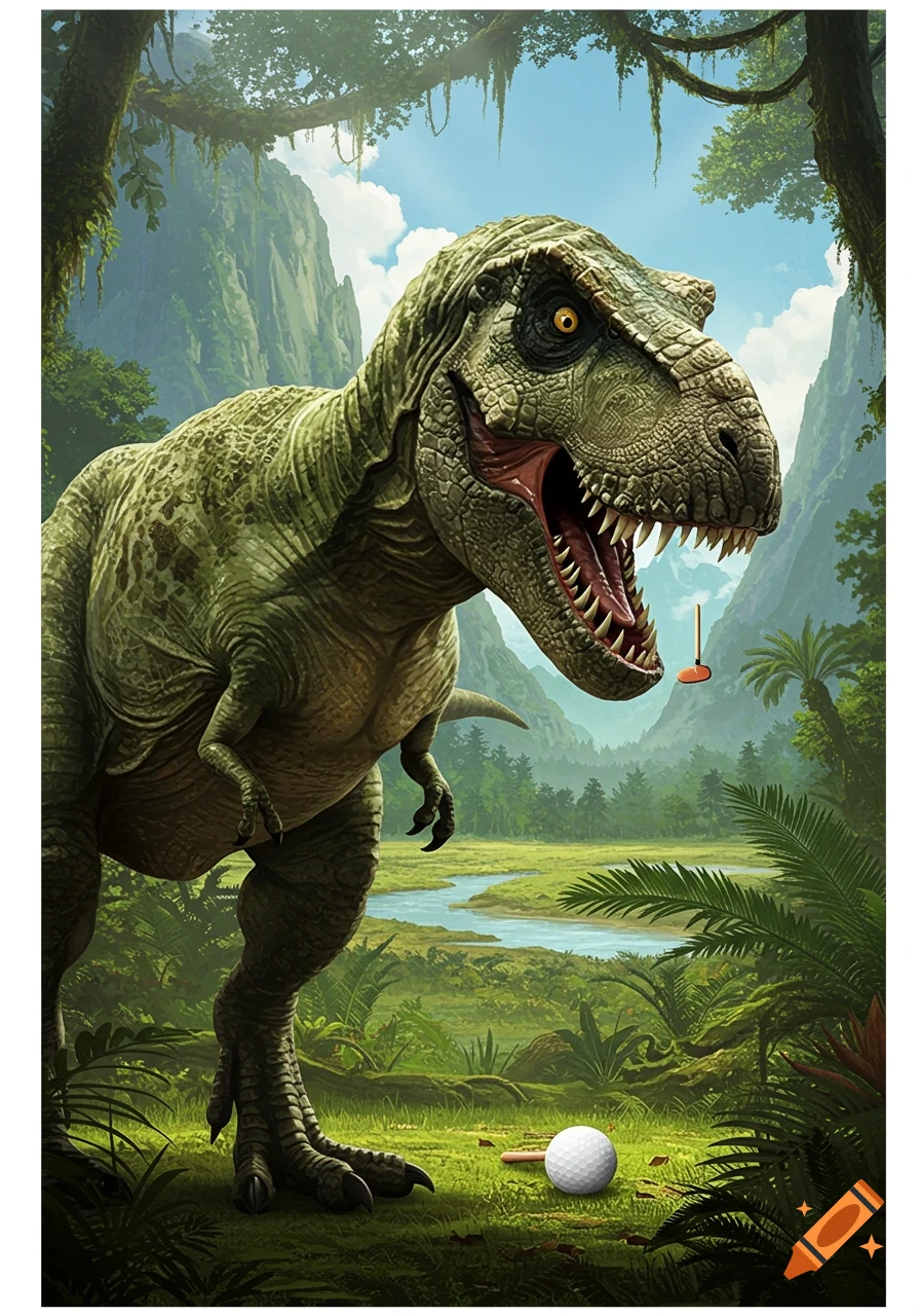 A photorealistic illustration of a T-Rex on a golf course in a lush jungle, with a golf ball at its feet and a golf tee floating near its open mouth.