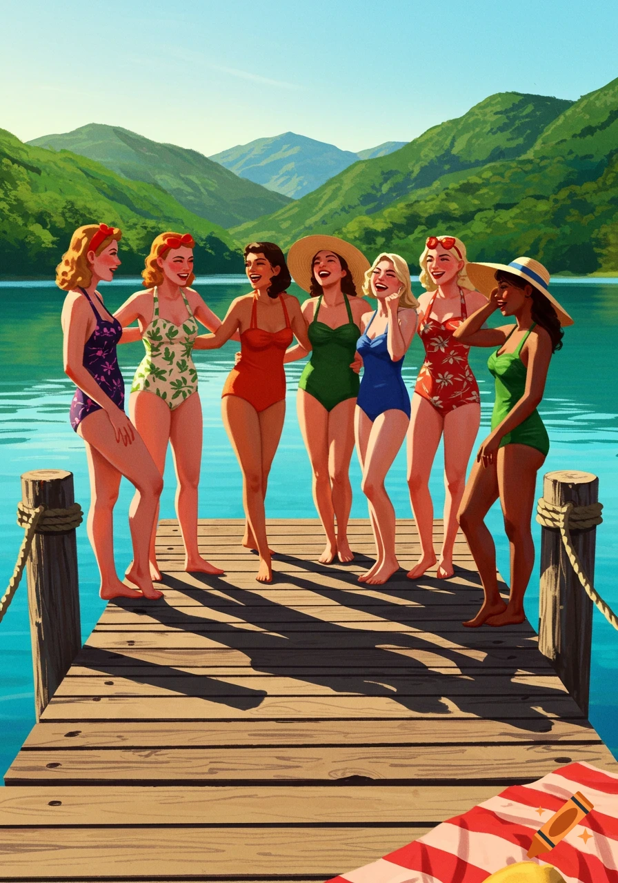 Seven women in retro swimsuits laugh on a wooden dock by a lake with green mountains, in an illustrative style.
