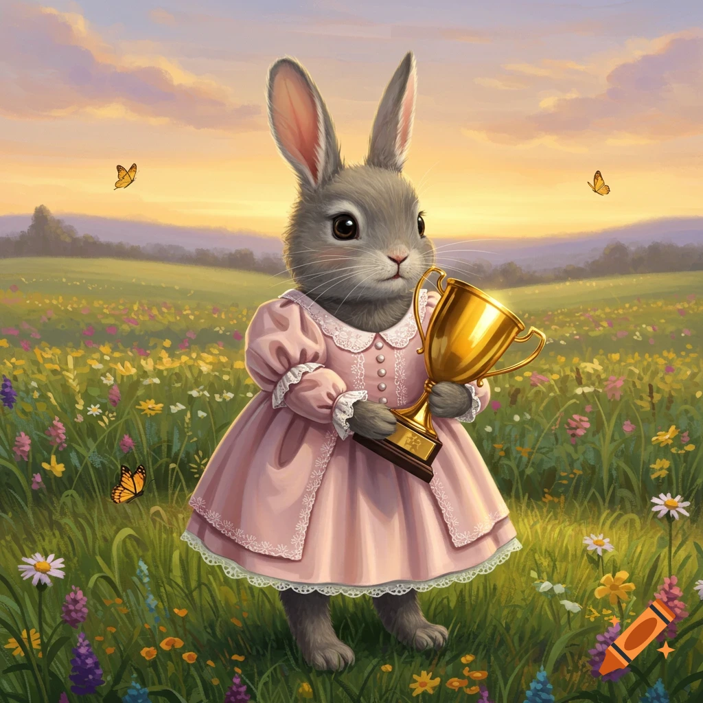 A cute gray bunny in a pink dress holds a golden trophy while standing in a colorful flower field at sunset.