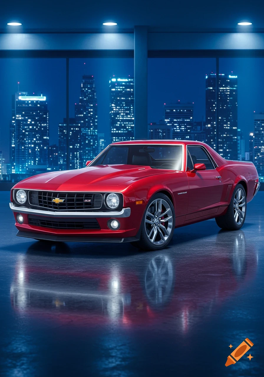 A custom red Chevrolet El Camino/Camaro hybrid car parked in a modern showroom with a blue city skyline at night.