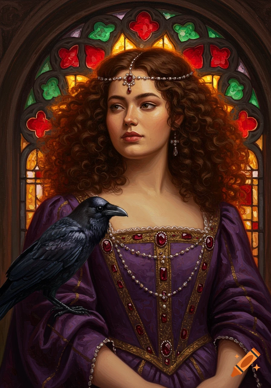 A woman with curly brown hair in a jeweled purple dress and headband, with a raven, against a stained glass window, in an oil painting style.