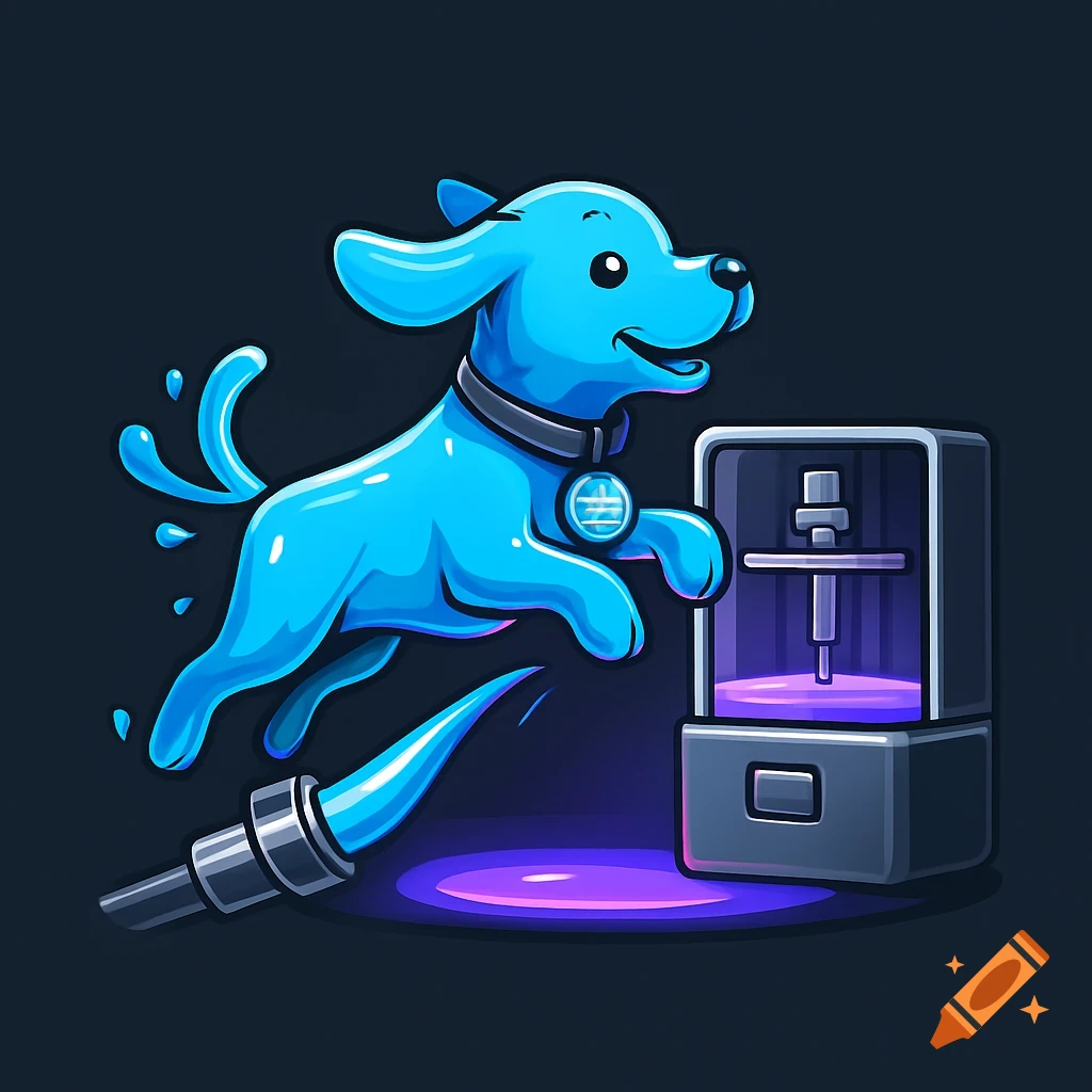 An illustrated logo of a blue liquid puppy jumping from a hose into a glowing 3D printer, wearing a wireframe globe tag.