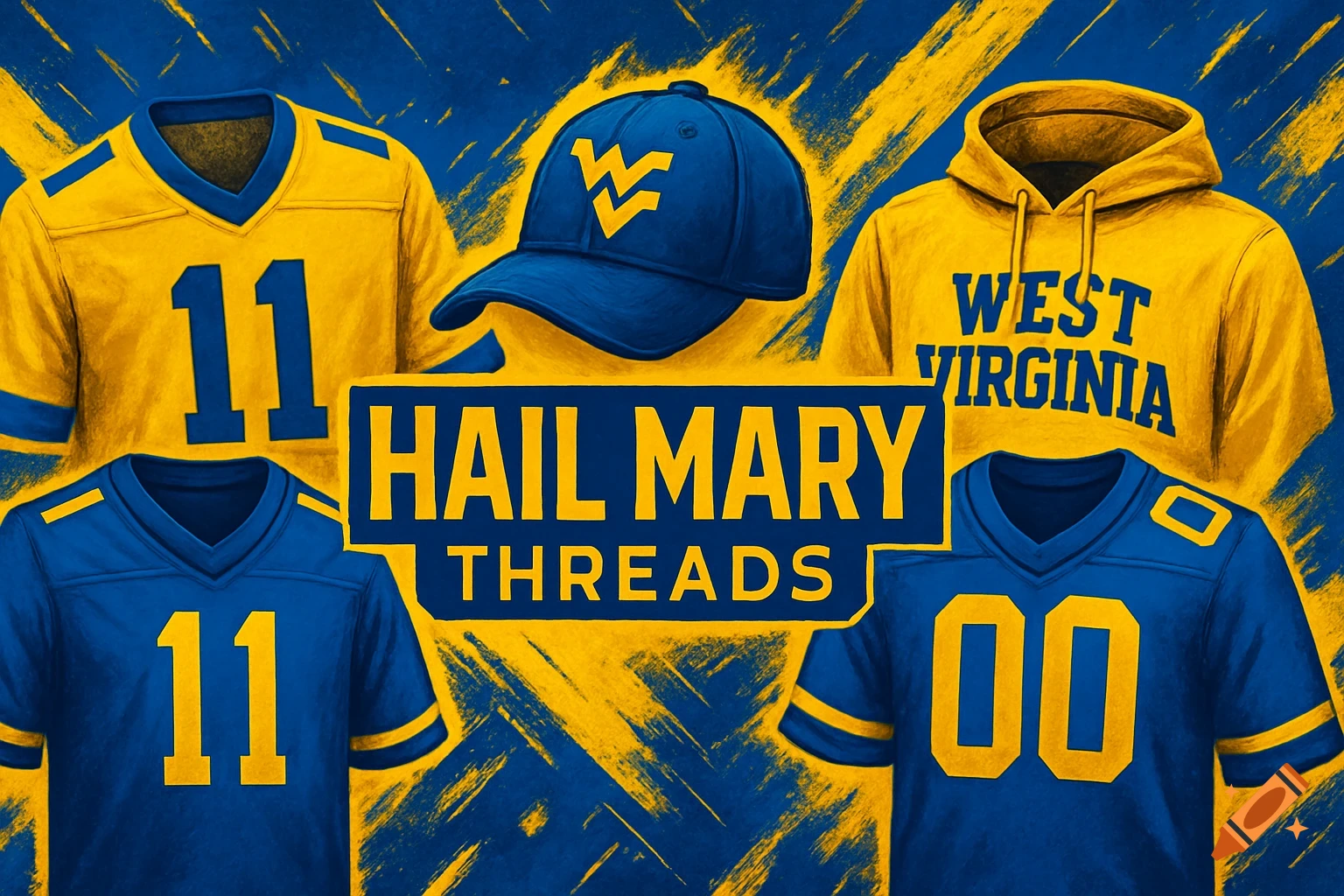 Collection of blue and gold college sports apparel, including jerseys, a hoodie, and a cap, with 'HAIL MARY THREADS' and 'WEST VIRGINIA' text.
