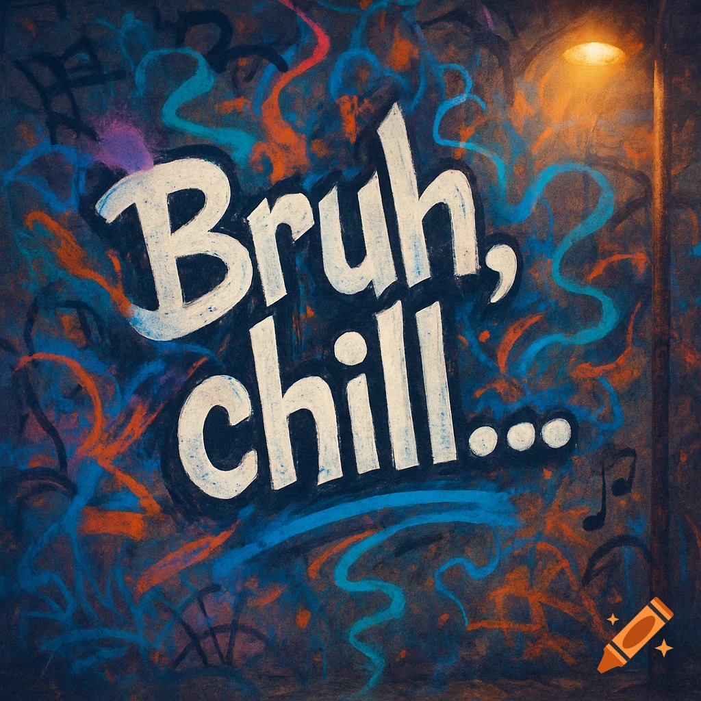 Graffiti art reading 'Bruh, chill...' on a dark wall with colorful abstract swirls and a street lamp.