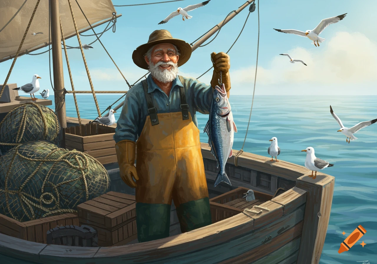 A smiling fisherman in a hat and overalls holds up a fish on a boat, surrounded by seagulls and the open ocean, in an illustrated style.