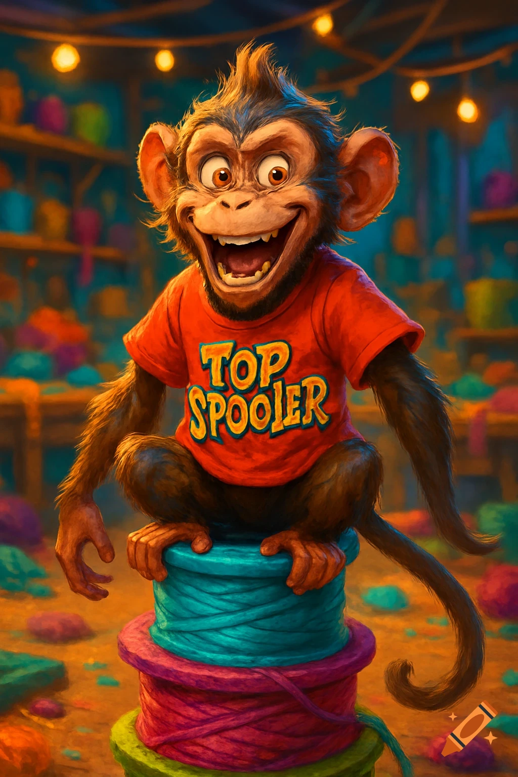 A grinning cartoon monkey in an orange 'TOP SPOOLER' t-shirt sits on colorful yarn spools, vibrant illustration.