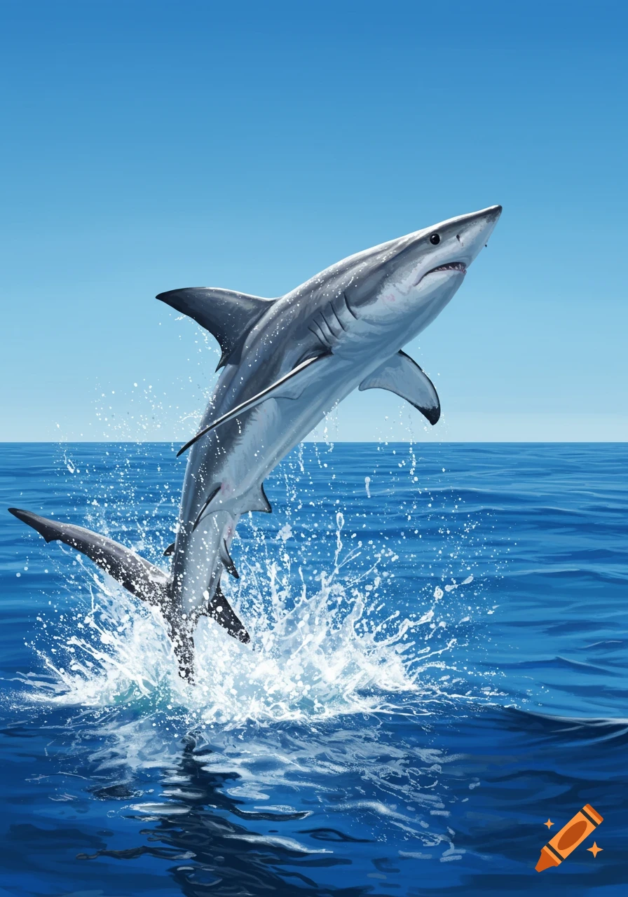 A great white shark leaps out of the blue ocean water, creating a large white splash.