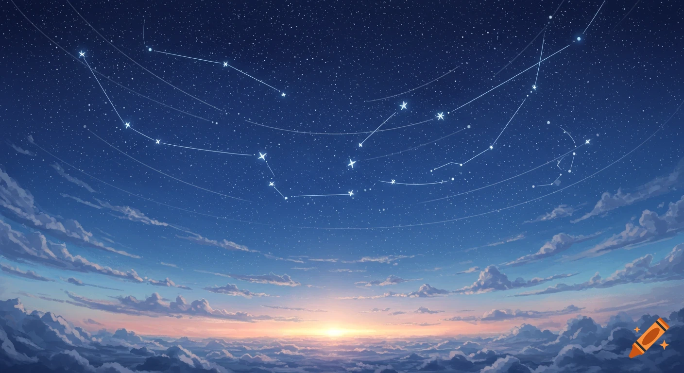 Anime-style sky with visible constellations and scattered stars, featuring a vibrant sunrise or sunset over a sea of clouds.