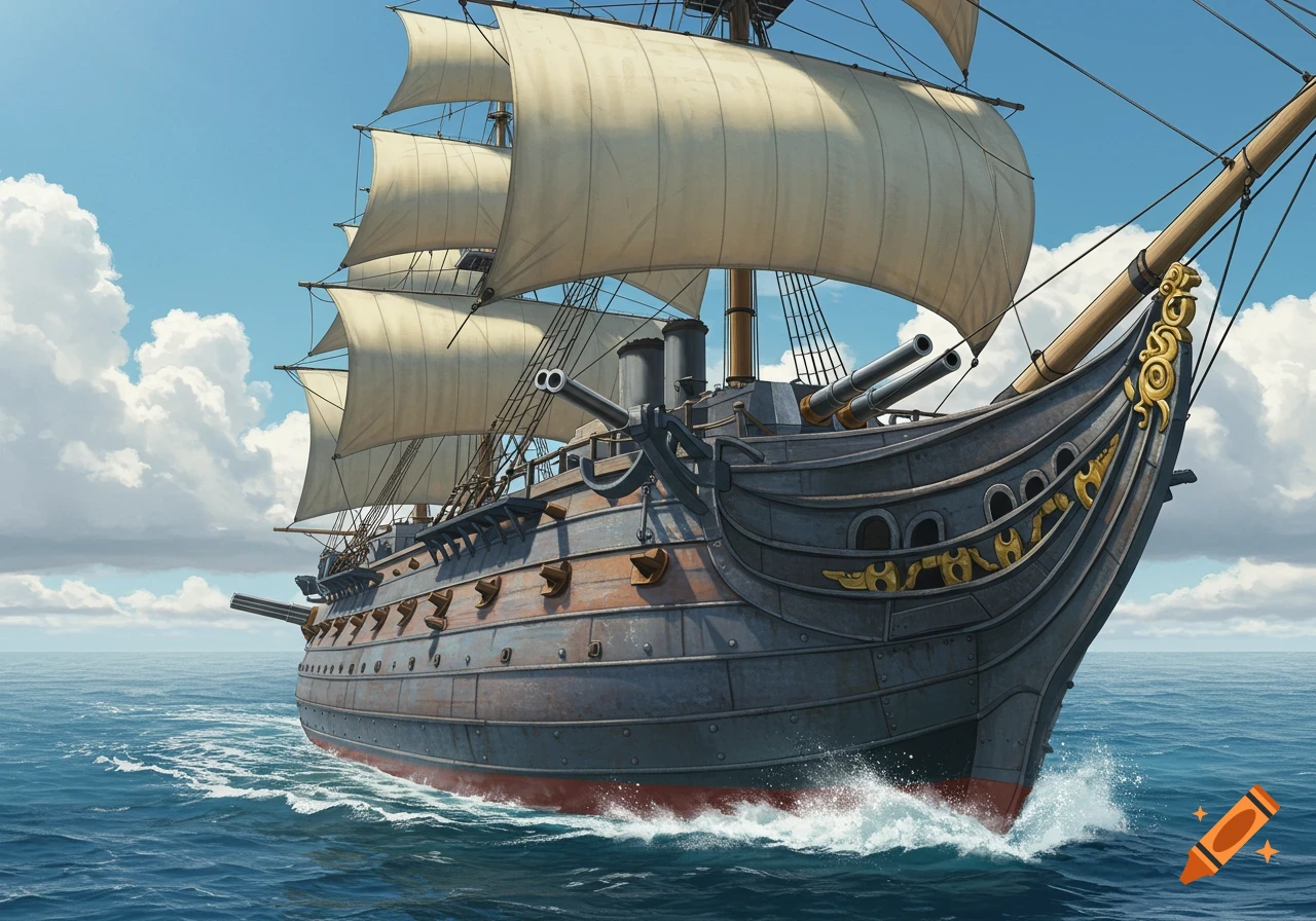 An ironclad sailing ship with multiple masts and cannons on a blue ocean under a partly cloudy sky.