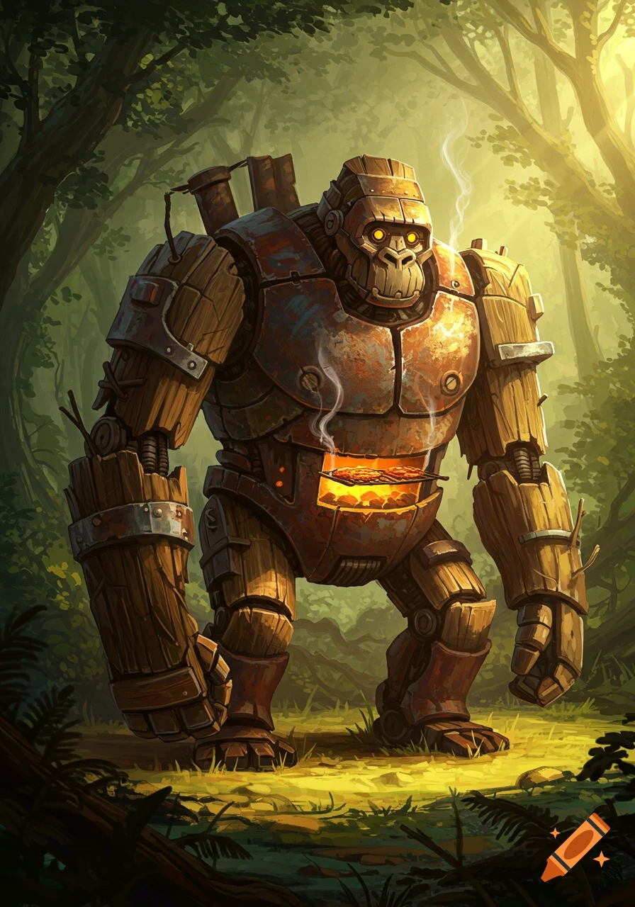 A large, imposing robot with gorilla proportions, made of wood and rusted metal, stands in a lush forest with a glowing cooking grill in its chest.