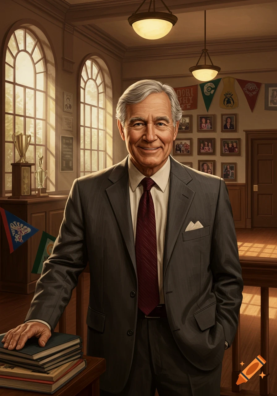 A smiling older man with gray hair in a dark suit and red tie stands in a sunlit room with arched windows, framed photos, and trophy cups.