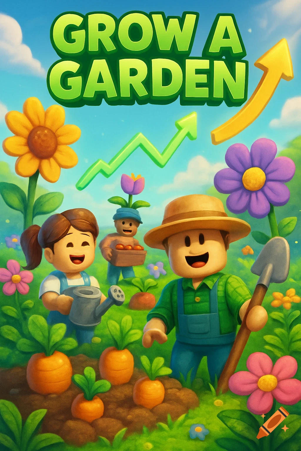 Cartoon image in Roblox style featuring characters gardening with carrots, flowers, and growth arrows for a game called Grow A Garden.
