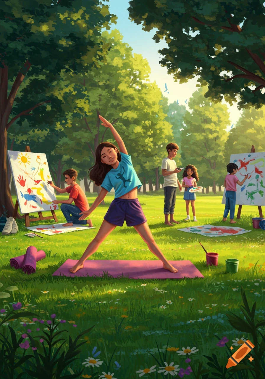 An illustration of children doing yoga and painting in a sunny park.