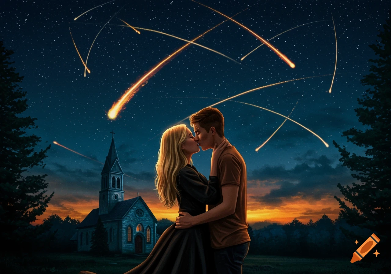 An illustrated scene of a couple kissing under a star-filled night sky with comets, with an old church in the background.