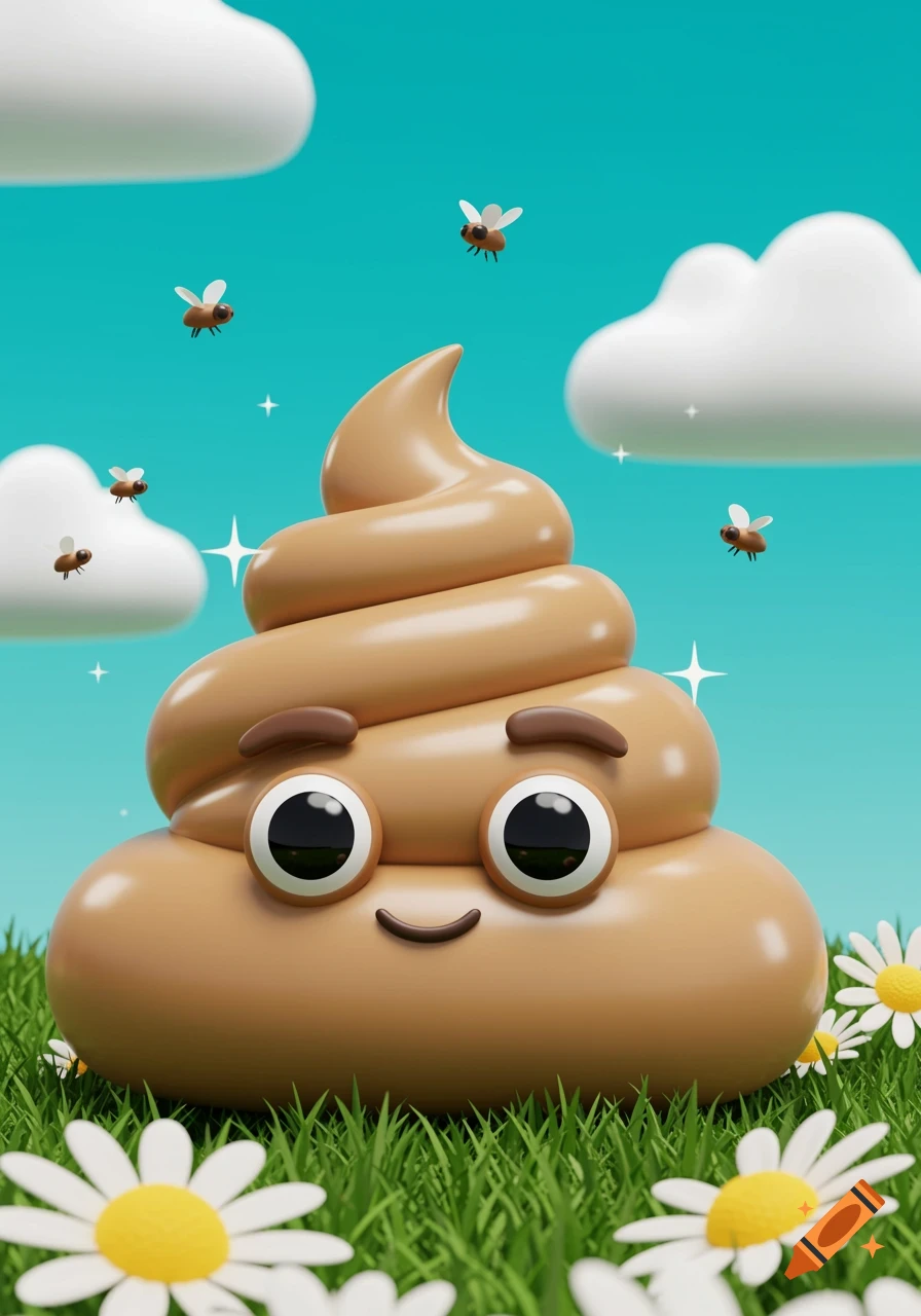 A smiling cartoon poop emoji with big eyes sits in green grass with white daisies under a teal sky with white clouds and flies.
